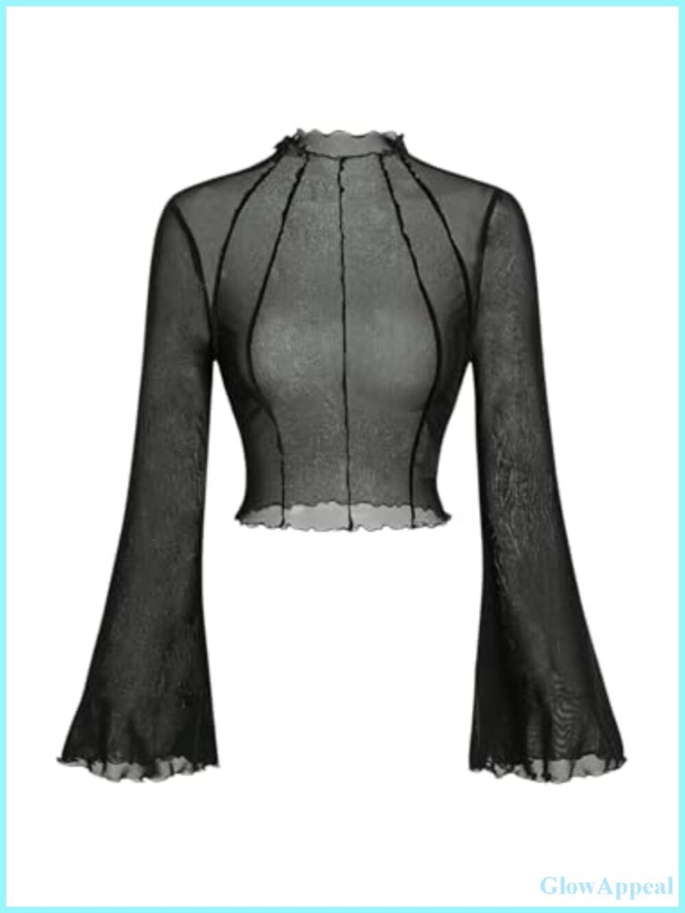 Women's Plus Size Sheer Mesh Bell Sleeve Mock Neck Lettuce Trim Tee